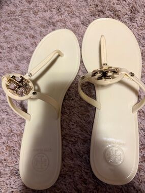 WORN ONCE Tory Burch Cream Logo Thong Sandals with Gold Medallions